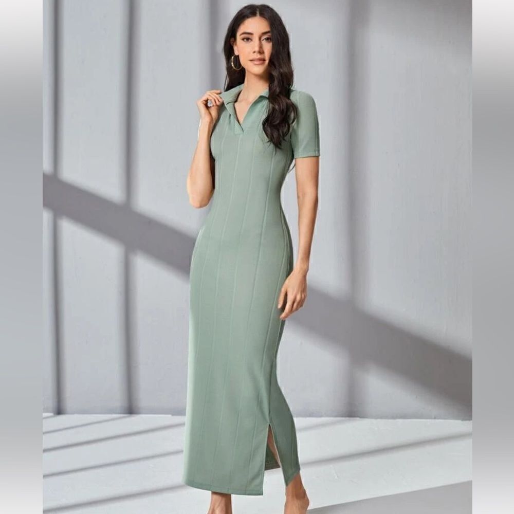 Solid Split Hem Fitted Dress Mint Green Size M (6)